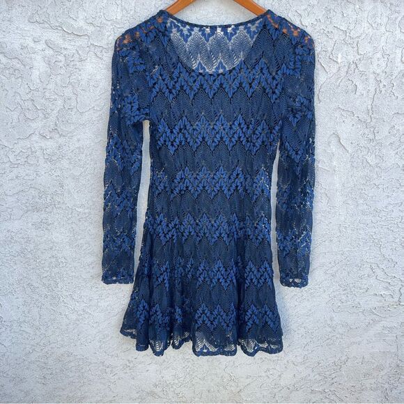 Lace Navy Blue Black Fit & Flare Mini Skater Dress SZ SM Long Sleeve Whimsy Goth - Picture 4 of 7